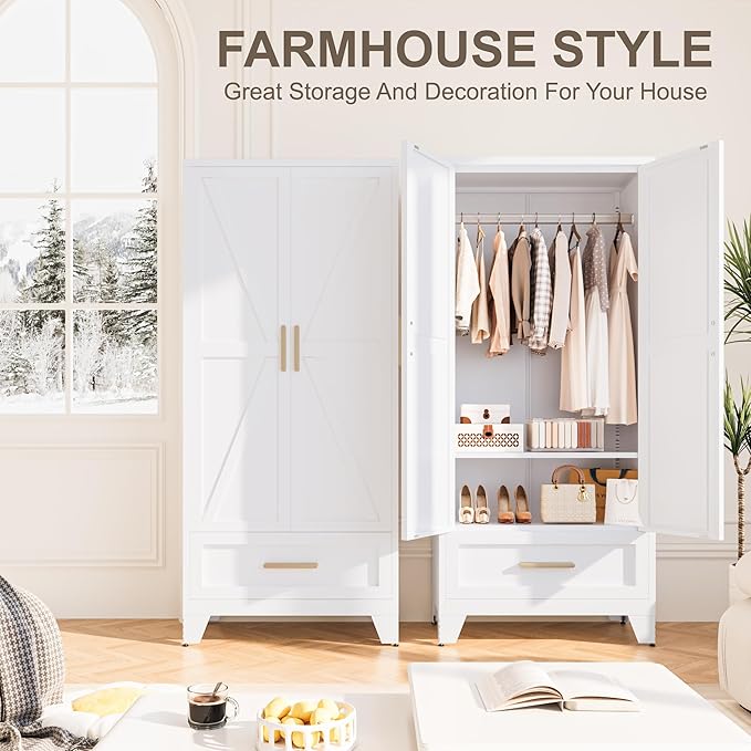 Metal Wardrobe Cabinet,71 Armoire Wardrobe Closet with Drawers and Hanging Rod,Metal Armoire with Adjustable Shelves for Closet,Bedroom,Farmhouse Storage Cabinet with Drawer(White)