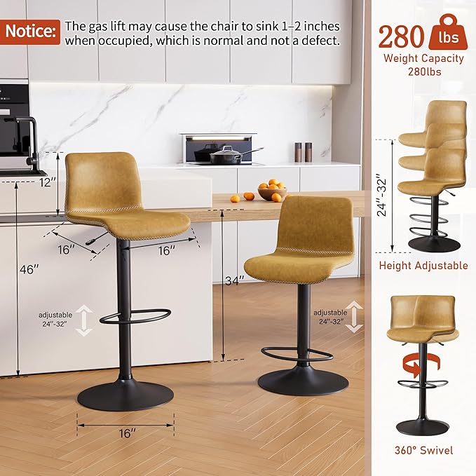 HeuGah Bar Stools Set of 6, Swivel Counter Height Barstools with Back, Adjustable Height 24" to 32", Whiskey Brown Faux Leather Bar Chairs for Kitchen Island (Whiskey Brown, Set of 6 (24'' to 32''))