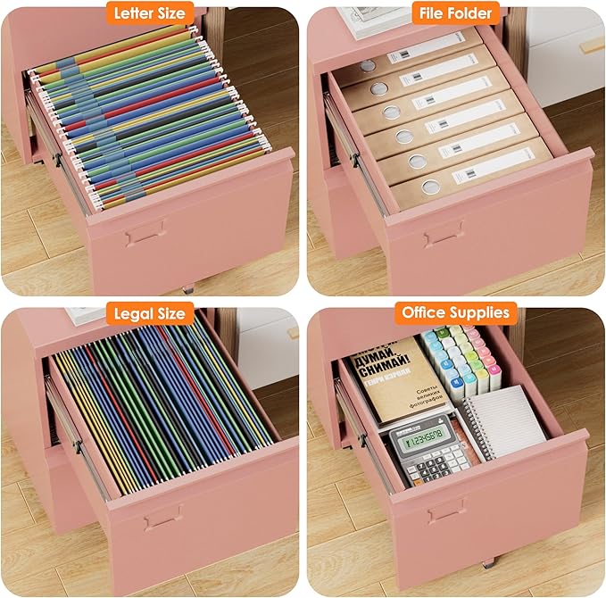 2 Drawer Mobile File Cabinet with Lock, Under Desk Metal Filing Cabinet for Office, Home,Vertical Cabinet Legal/Letter Size, Need to Assembled (Pink)