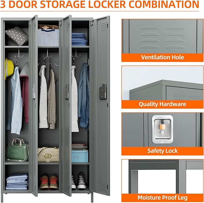 Metal Storage Locker with 3 Doors,Metal Locker for Employees with 9 Hooks for School Garage Office Gym Home,Assembly Required,Light Grey