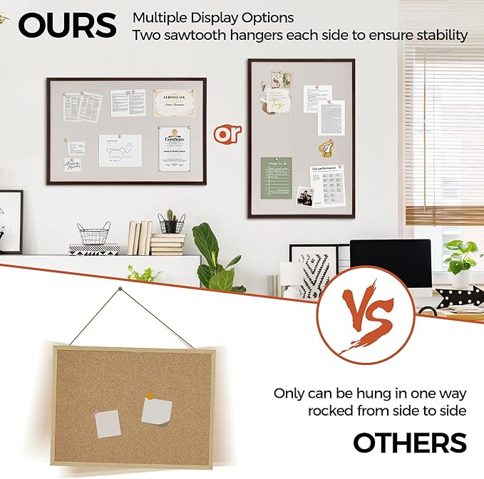 Fun Memories Cork Board Bulletin Board for Office, 24" x 36" Pine Wooden Framed Corkboard, Wall Mounted Notice Pin Board for School Home & Office, Dark Walnut