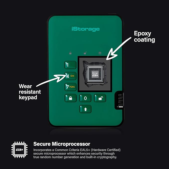 iStorage diskAshur2 HDD 500GB Green | Secure portable hard drive | Password protected | Dust & water resistant | Hardware Encryption