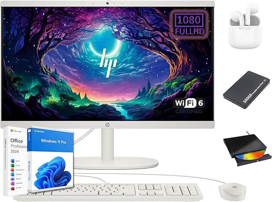 HP 22 inch FHD All-in-One Desktop Computer PC 2025 Flagship, 64GB RAM, 2.5TB Storage (2TB SSD + 500GB Ext), Intel Celeron CPU, Webcam, WiFi 6, HubxcelAccessory, Win 11 Pro, Lifetime Office 2024
