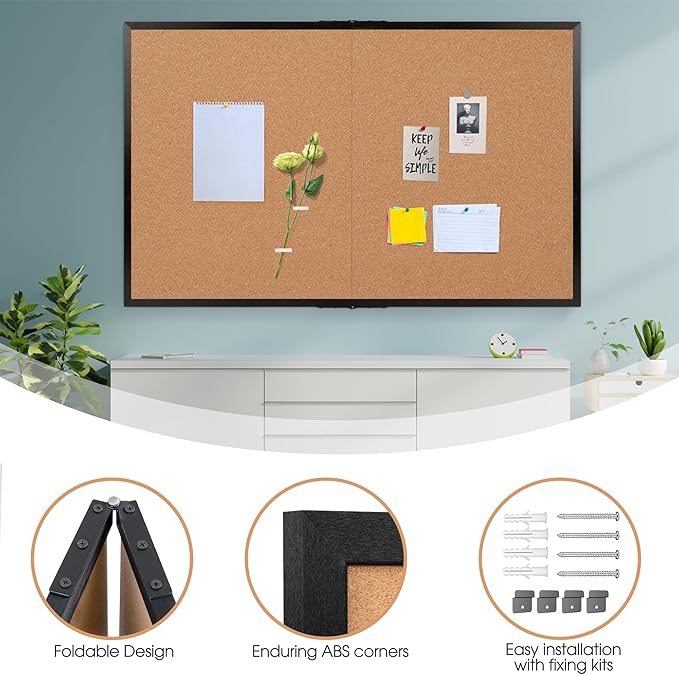 Board2by Extra Large Cork Bulletin Board 72" X 48", Foldable Notice Pin Board for Wall, Black Wood Framed 6'x4' Corkboard, Wall Mounted Noticeboard with 32 Push Pins for School, Home & Office