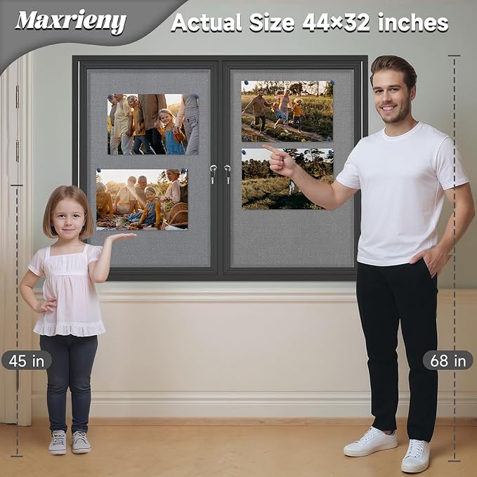 Enclosed Bulletin Board Lockable,Double-Door Weatherproof Outdoor Noticeboard with Locking Door, Wall-Mounted Aluminum Framed Presentation Board, 44x32 Inch (8xA4)
