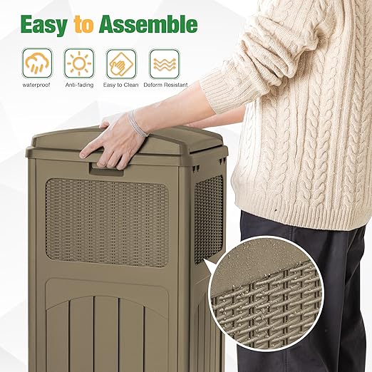 Flamaker 30 Gallon Trash Can, Resin Outdoor Garbage Can with Lid, Waterproof Hideaway Patio Waste Bins for Outside Use (Brown)