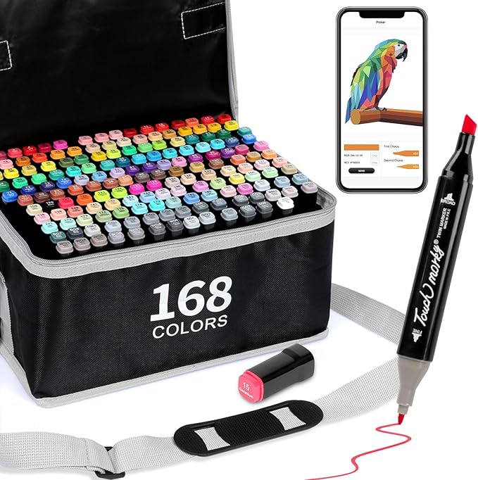 168+2 Colors Alcohol Markers with Free App, Chisel Tip and Fine Tip, Dual Tip Alcohol-Based Marker set for Artist Adult, Art Marker for Painting, Coloring, Sketching and Drawing,Great Gift Idea
