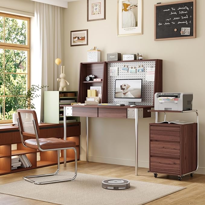 JOMEED 3 Drawer File Cabinet with Extended Desktop Lockable Wheels Under/Beside Desk Storage and Organizer Cabinet for Home Office, Small Rolling File Chest, Printer Stand, Modern Style, Walnut, Large