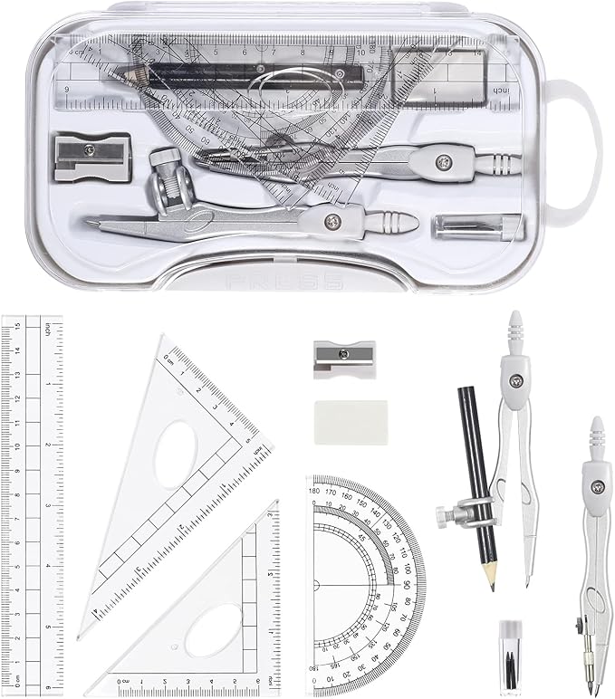 10 Pieces Math Geometry Kit Set Student Supplies with Shatterproof Storage Box,Includes Rulers,Protractor,Compass,Eraser,Pencil Sharpener,Lead Refills,Pencil,for School and Drawings（Grey）