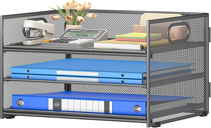 Subekyu 3 Tier Paper Letter Tray Organizer for Desk, Gray Metal Mesh Desk File Folder Sorter Organizer with Handle and Sliding Tray for Home, Office, School Supplies Organization Storage