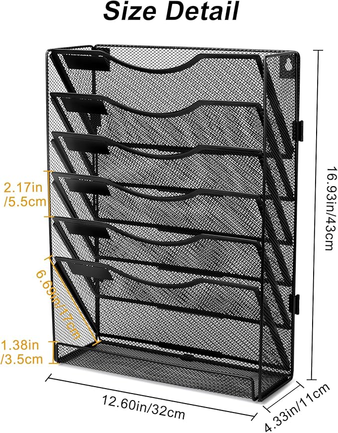 EasyPAG 7 Tier Wall File Holder with Flat Tray, Black | Easy Assemble Mesh Desk File Organizer | 6-Folder Paper Storage | Replaceable Classify Labels | Space Saving Mail Organizer for Office Home