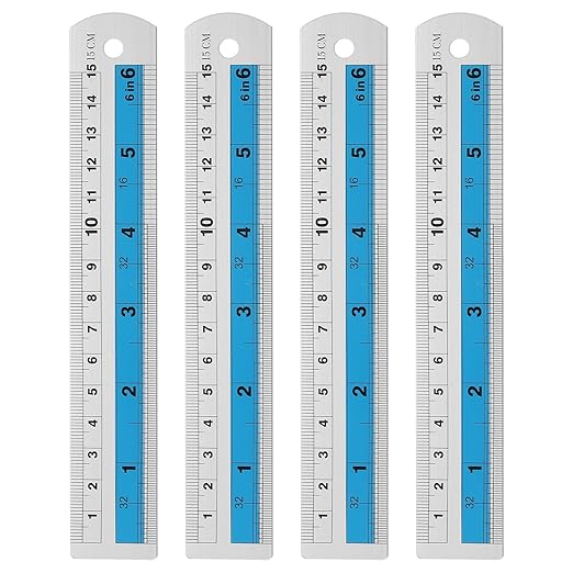 HARFINGTON 4pcs Metal Straight Ruler 15cm Metric SAE Aluminum Alloy Measuring Rulers Scale Tools with Hole for Measure Study Reading Classroom Office, Blue
