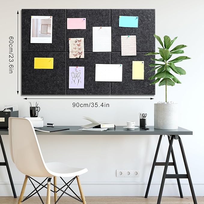 Large Cork Board 36" x 24", 6 Pack Felt Wall Tiles with 30 Pcs Pushpins, Bulletin Board with Removable Self-Adhesive Strips, Pin Boards Cork Boards for Walls Office Home Classroom Decor-Dark Gray