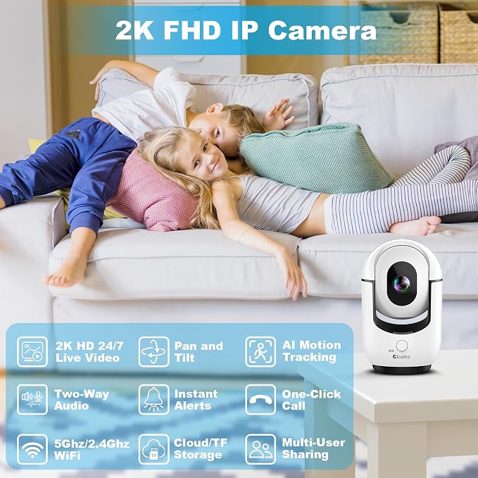 Cloarks 2K Indoor Camera, 5/2.4 GHz WiFi Pan/Tilt Security Camera - Image 2