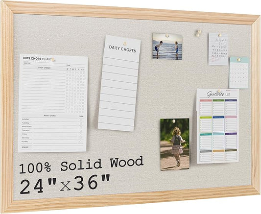 Bulletin Board Cork Board with Linen, 100% Wood Framed 24" x 36" Bulletin Board Decorations, Pin Boards for Walls, Wall Mounted Fabric Picture Board with 10 Pushpins for School, Home & Office, Natural