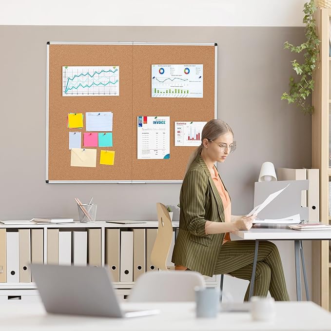 Board2by Extra Large Cork Bulletin Board 48" X 48", Foldable Notice Pin Board for Wall, Silver Aluminum Framed 4'x4' Corkboard, Wall Mounted Noticeboard with 36 Push Pins for School, Home & Office