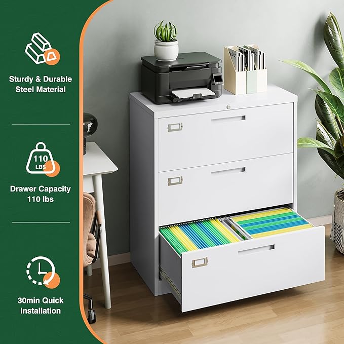 Letaya 3 Drawer File Cabinets with Lock,Metal Lateral Filing Cabinets for Home Office Organization Hanging Storage Letter/Legal/F4/A4(Assembly Required)