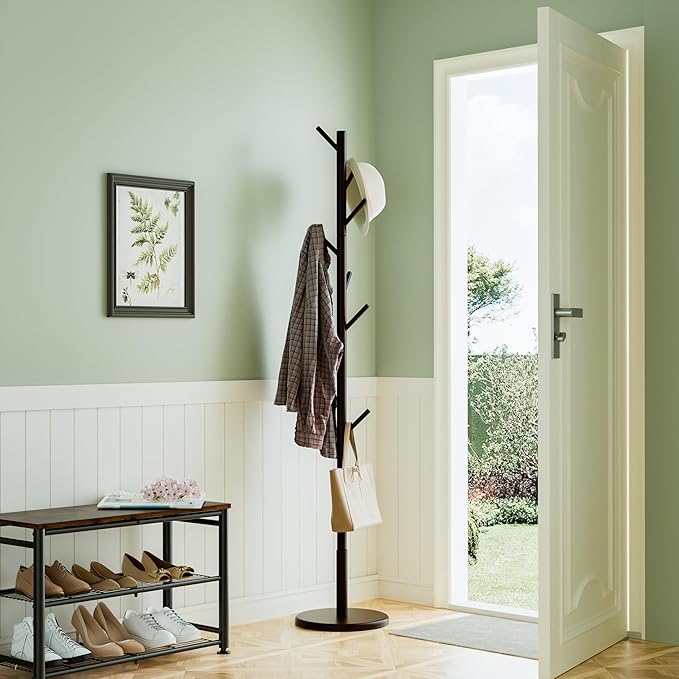 Wooden Freestanding Coat Tree with 4 Height Options and 9 Hooks, Sturdy Coat Rack Stand for Clothes/Bags/Hats, Save Space Coat Rack for Entryway, Bedroom, Office, Narrow Place (Coffee)
