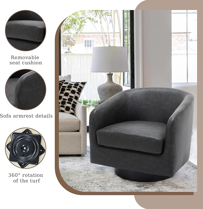 UIXE Faux Leather Swivel Accent Chairs Set of 2, Modern Upholstered Barrel Chairs for Living Room, Comfy Round Armchair Single Sofa Bedroom Reading Seat - 31" W, Black