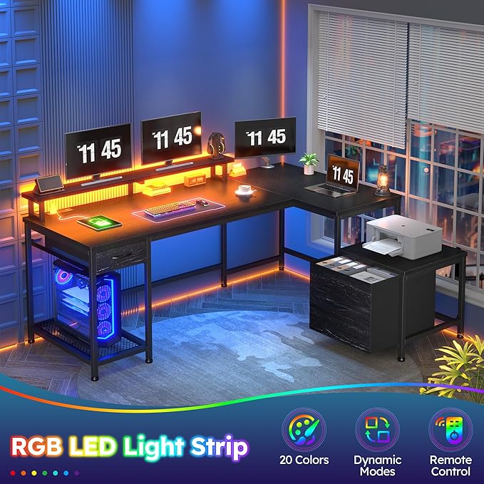 L Shaped Computer Desk with Drawers, Gaming Desk with LED Lights & Monitor Shelf, Office Desks with Power Outlets, Corner Desks for Home Office, Study Room and Bedroom, Black