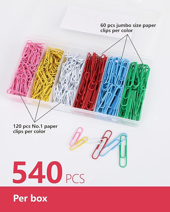 PAPERPAL Paperclips for Office School & Personal Use, Duo Size Vinyl Coated Paper Clip (2" & 1-2/7"), 540 Large & Medium Size Paper Clips (360 in No.1 Size, 180 in Jumo Size), Assorted Color