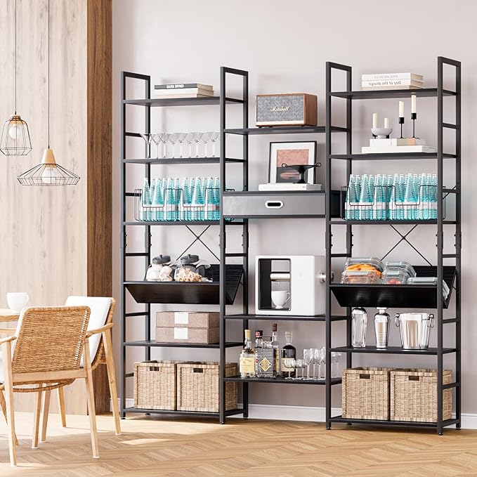 NUMENN Bookcases and Bookshelves Triple Wide 6 Tier Bookshelf, Large Etagere Bookshelf with Storage Drawer, Adjustable Open Display Shelves for Living Room Bedroom Home Office, Black