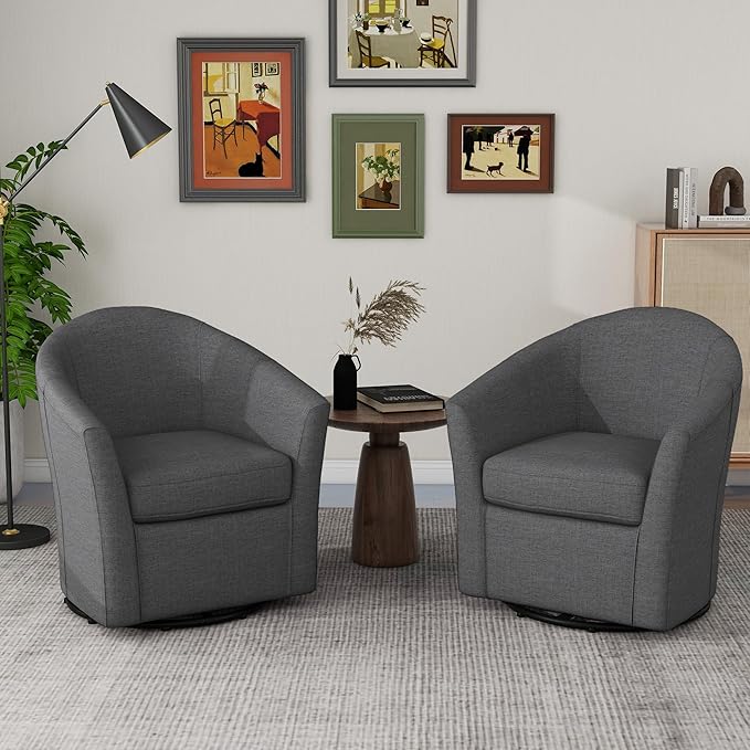 UIXE 360° Swivel Barrel Accent Chairs Set of 2, Modern Round Arm Chair Upholstered Club Armchair, Single Sofa Seating in Fabric for Living Room, Bedroom (Dark Grey)