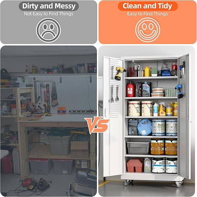 Aobabo Metal Storage Cabinet with Wheels,Heavy Duty Office Storage Cabinet with Lock,Steel Cabinet with 2 Doors and 5 Adjustable Shelves for Office Home School Storage,Required-Assembly White