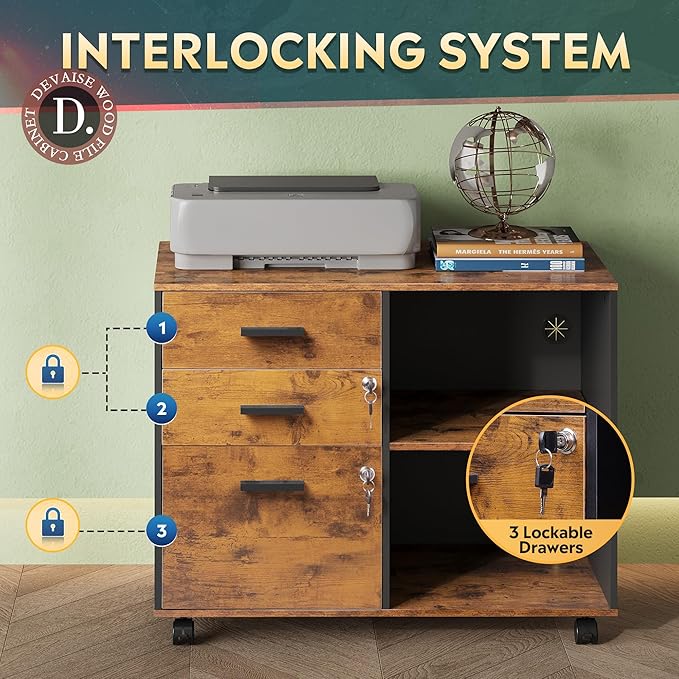 DEVAISE 3-Drawer Wood File Cabinet with Lock, Mobile Lateral Filing Cabinet, Printer Stand with Open Storage Shelves for Home Office, Rustic Brown