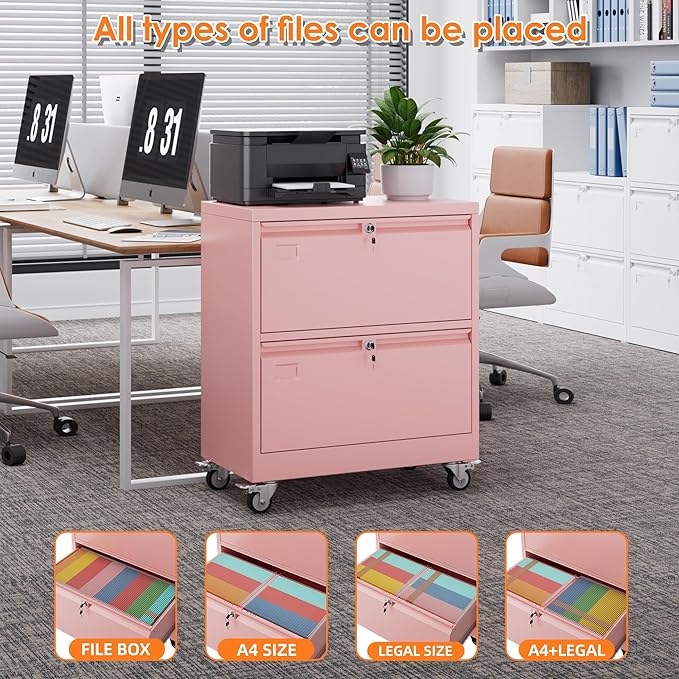 Aobabo Metal 2 Drawer Lateral File Mobile Cabinet with 2 Lock, File Cabinet with Wheels and Adjustable File Bars for Office, Home, for Letter/Legal Size, Pink, Assembly Required