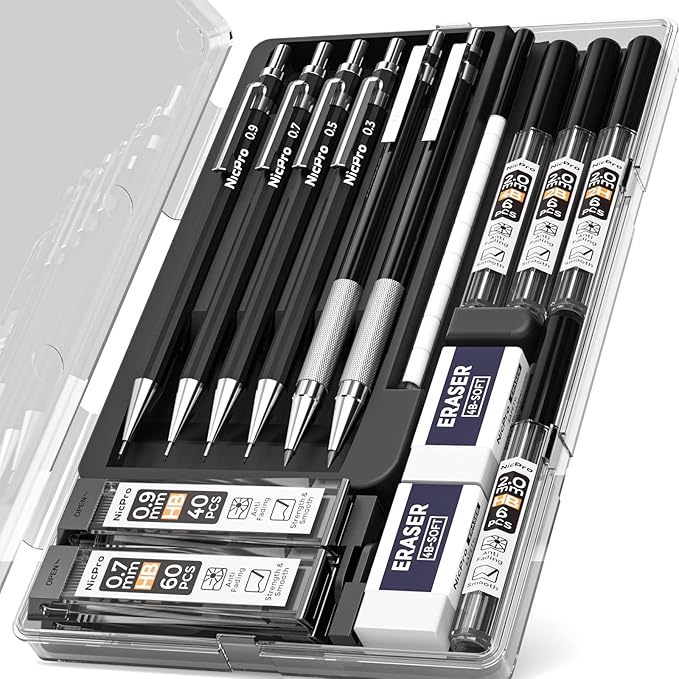 Nicpro 6 PCS Art Mechanical Pencil Set, Black Metal Drafting Pencil 0.3, 0.5, 0.7, 0.9 mm & 2PCS 2mm Graphite Lead Holder(4B 2B HB 2H) For Writing Sketching Drawing With 8 Lead Refills Eraser Case
