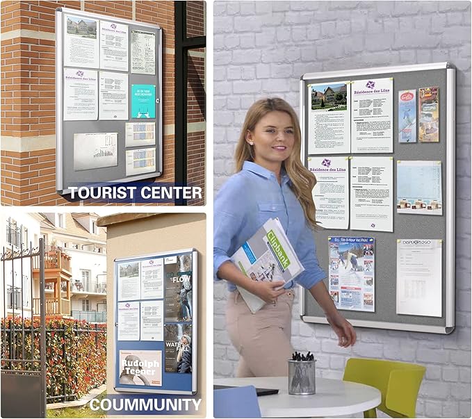 Swansea Blue Fabric Lockable Noticeboard Enclosed Pin Bulletin Board Glass Display Case for Wall Office School 6xA4