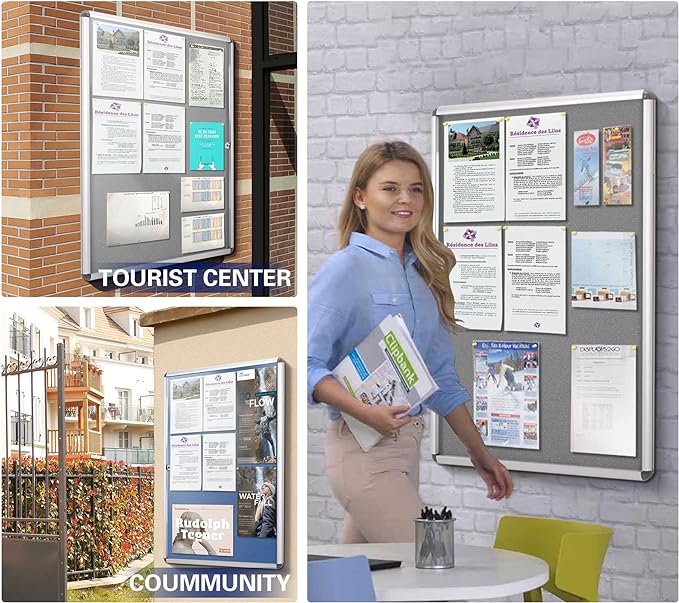 SWANCROWN Enclosed Noticeboard Grey Frabric Bulletin Boards Lockable Display Case Tamperproof with Keys Pins,38x14inch