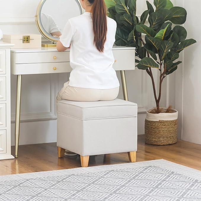 Adeco 17.5" Square Fabric Ottoman with Storage - Upholstered Cotton Linen Foot Rest - Flip Top Footstool with Sturdy Wood Legs, Small Cube Coffee Table Extra Seat for Living Room, Bedroom, White