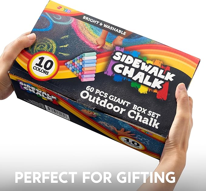 JOYIN 60 PCS Sidewalk Chalk Set (10 colors), Non-Toxic Washable Outdoor Jumbo Chalk Set for Painting on Chalkboard, Art Play and Playground Toy