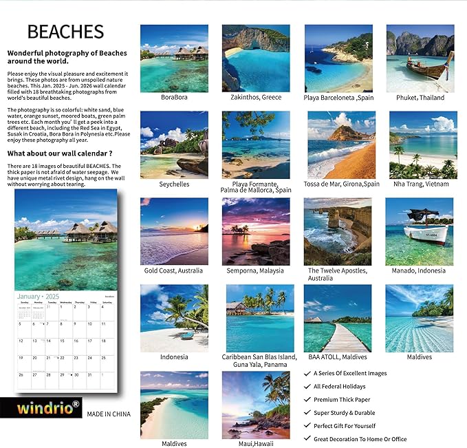2025 Wall Calendar,Calendar 2026, July 2025 - June 2026, Wall Calendar BEACHES, 12" x 24" Opened,Full Page Months Thick & Sturdy Paper for Calendar Organizing & Planning