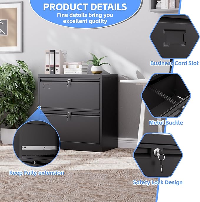 Metal 2 Drawer Lateral File Cabinet with 2 Lock - Wide Filing Cabinet for Letter/Legal/F4/A4 Hanging Files - Includes Business Card Holder,Home Office School Storage,Black