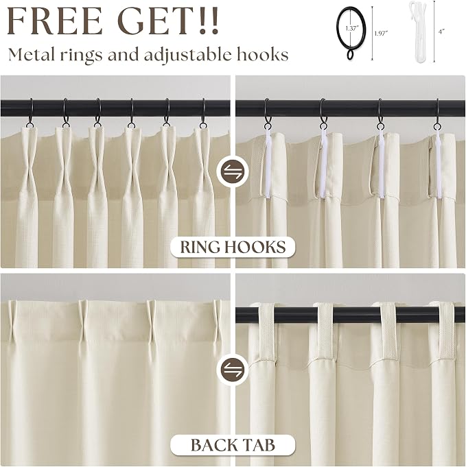 Cream Beige Pinch Pleated Linen Curtains 105 Inch 4 Panels Set - Image 4