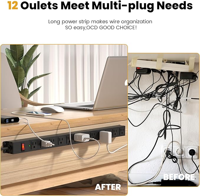 12 Outlet Long Power Strip Surge Protector with 2100 Joules, 6FT Power Cord, Wide Spaced Outlet Power Bar, Overload Protection Switch, Industrial Heavy Duty for Work Bench, Shop, Garage (Black),2 Pack