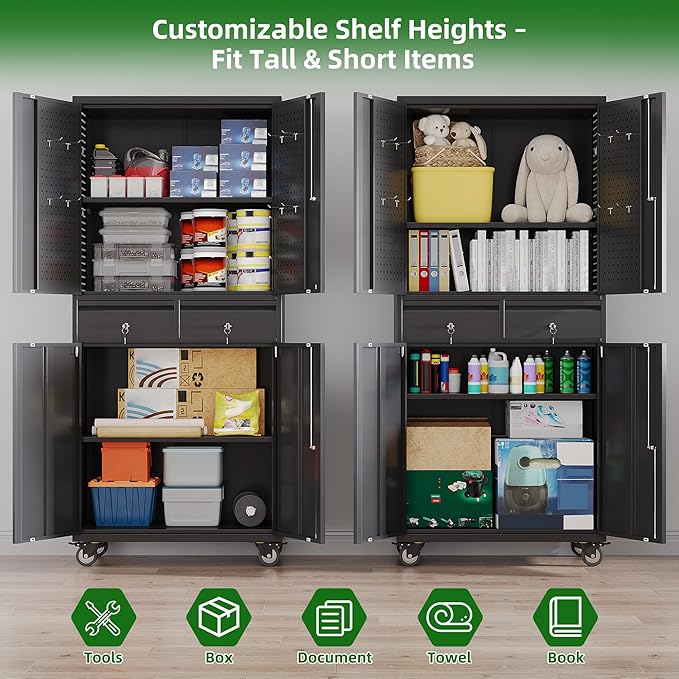 Aobabo Garage Storage Cabinet with Wheels, Metal Tool Storage Cabinet with 2 Drawers for Garage Home,Assembly Required,Black