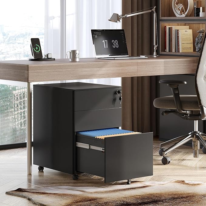 DEVAISE Locking File Cabinet, 3 Drawer Rolling Pedestal Under Desk Office, Fully Assembled Except Casters, Black