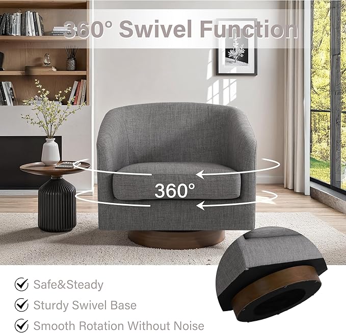 UIXE Swivel Accent Chairs Set of 2, Fabric Upholstered Barrel Chair for Living Room, Comfy Round Armchair Single Sofa Bedroom Reading Seat - 31" W, Gray