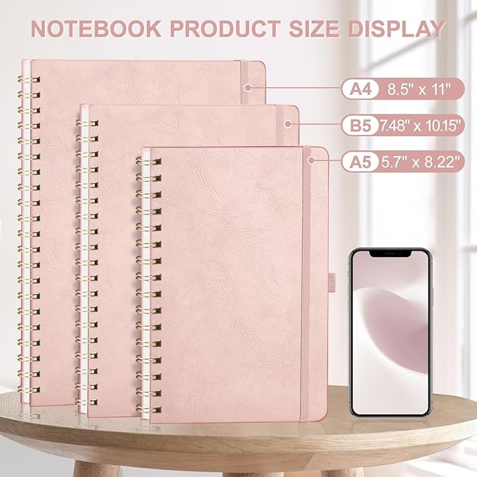 AHGXG Lined Spiral Journal Notebook, B5 Large Journals for Women Men, 140 Pages Hardcover Leather Notebook College Ruled, 100 GSM Paper, Notebooks for Work School Note Taking, 7.6" x 10", Rose Gold