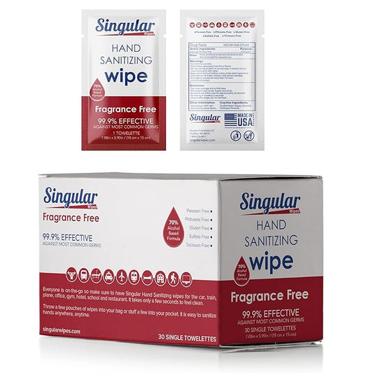 Hand Sanitizing Wipes Travel Size by Singular Wipes –30ct Individually Wrapped | Fragrance-Free, Moisturizing, 70% Isopropyl Alcohol Wipes | Travel, Home, Office, Daily Use | Made in USA