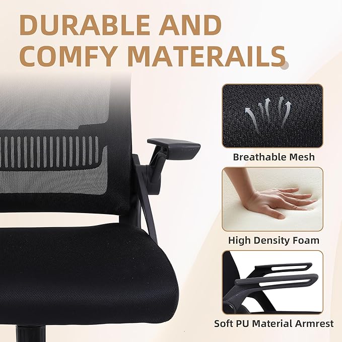 Office Chair, Ergonomic Desk Chair with Lumbar Support, Breathable Mesh Chair with Flip-up Armrests and Mid Back, Comfy Task Computer Height Adjustable Swivel Chair (8, Black)