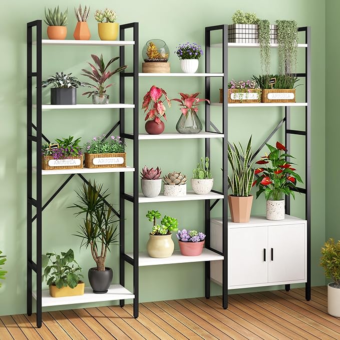 Yusong Bookshelf Triple Wide 5 Tier Bookcases with Storage Cabinet, Industrial Large Modern Tall Bookshelves with 12 Open Display Shelves for Living Room Office Bedroom, White and Black