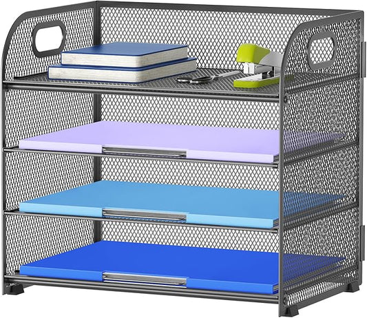 Marbrasse 4 Tier Paper Organizer Letter Tray - Mesh Desk File Organizer with Handle, Paper Sorter Organizer for Letter Office File Folder Holder (Grey, 12.6" x 9.1" x 10.7")