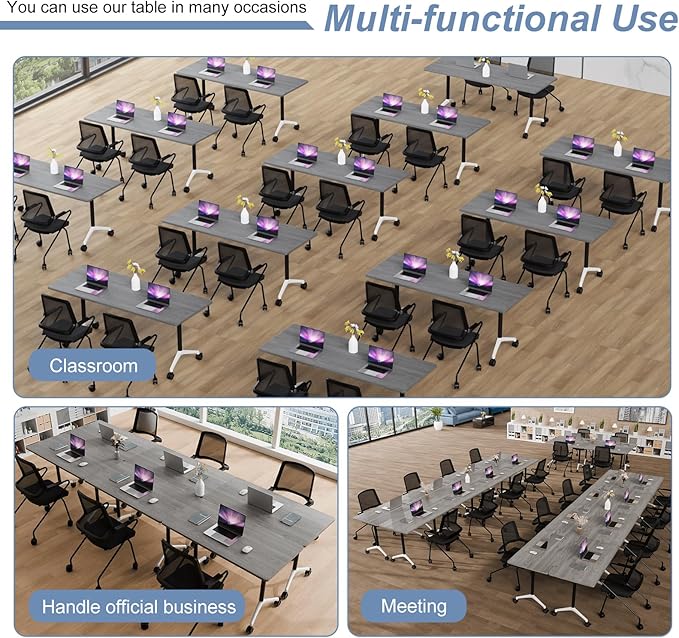 Folding Conference Table, Mobile Training Table for Office Conference, Modern Modular Rectangular Work Desk Meeting Seminar Work Tables with Caster Wheels, Large Breakroom Tables (8Pack L55.1in)