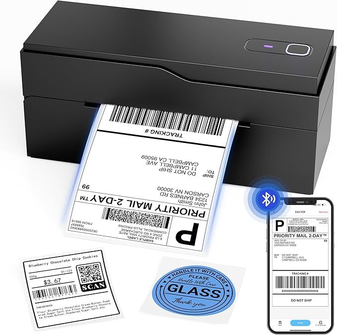 Bluetooth Thermal Shipping Label Printer – Wireless 4x6 Shipping Label Printer for Small Business & Shipping Packages, Support Android, iPhone and Windows, Widely Used for Amazon, Ebay, Shopify, Etsy