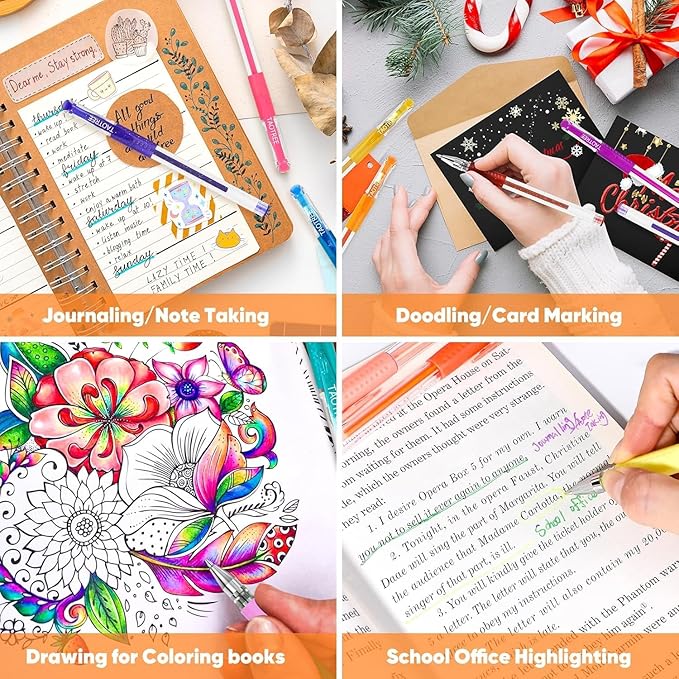 Taotree Gel Pens for Adult Coloring Books, 36-Color Neon Glitter Pens Coloring Drawing Art Supplies, 40% More Ink Glitter Gel Markers Set Colored Sparkle Doodling Journaling Gifts for Kids Teens